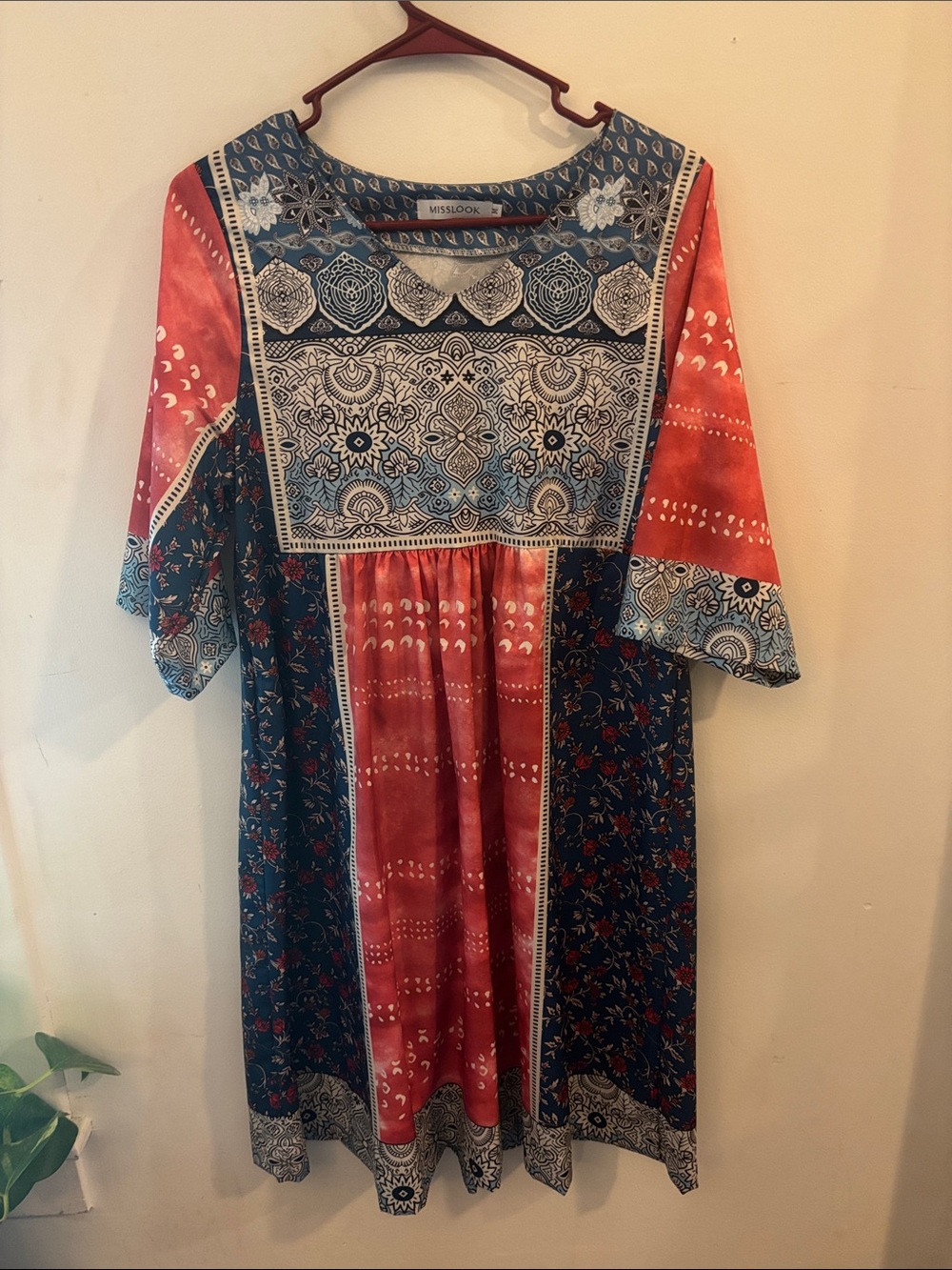 Misslook Bohemian Mixed Print Patchwork Midi Dress Womens Size Medium Boho Artsy